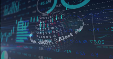 Spinning 3D blockchain sphere on screen, with binary digits, Block chain text, charts and graphs. Futuristic, digital, data visualization, financial, technology, cybersecurity, networkの写真素材