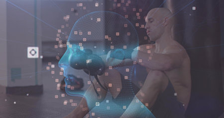 Rowing shirtless man pulling machine handle toward torso in gym, with 3D brain overlay, copy space. Neural, biomechanics, strength, cognitive, wellness, motivation, technologyの写真素材