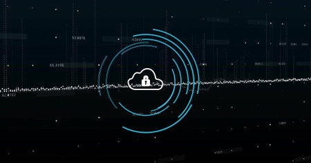 Displaying central cloud icon securing with padlock in interface with concentric rings and waveform....