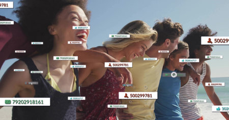 Comment bubble appearing initiating icons entering clustering dispersing to show social-feed chaosの写真素材