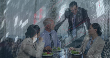 Four professionals in suits discussing markets and eating salad at cafe table, with chart overlay. Corporate, teamwork, collaboration, modern, finance, market, casualの写真素材