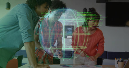 Leaning colleagues analyzing charts in modern meeting room, with holographic globe and sticky notes. Collaboration, innovation, technology, brainstorming, teamwork, modern, digitalの写真素材