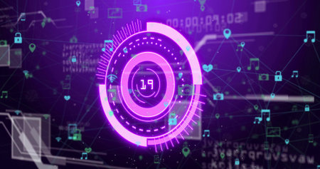 Displaying glowing circular HUD element in cyberspace network, with padlock icons and data streams. Futuristic, digital, neon, high-tech, abstract, cyberspace, dataの写真素材