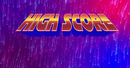 Displaying stylized HIGH SCORE text graphic in virtual neon rain, with falling pixelated lines. Retro-futuristic, neon, digital art, arcade, futuristic, vibrant, cyberpunkの写真素材