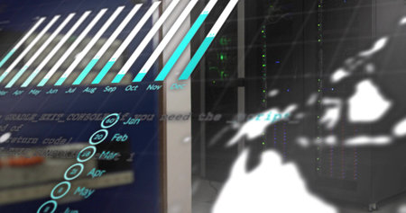 Displaying translucent panel showing bar chart in server room, with racks and LEDs, copy space....