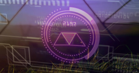 Showing purple hologram interface on grass with dotted ring triangle icon 2197 readout and patterns. Futuristic, immersive, digital, technology, innovation, abstract, vibrantの写真素材