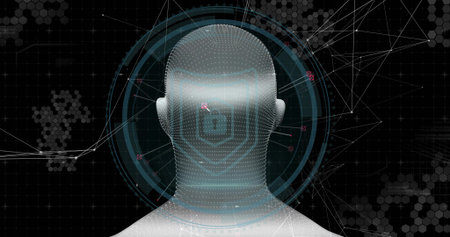 3D head silhouette rotating in virtual interface, with HUD rings, hexagon grid and network nodes....
