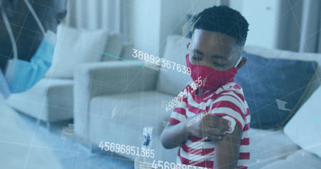 Administering vaccine healthcare worker in scrubs leaning over home sofa with syringe data overlay. Medical, immunization, pediatric, protective, clinical, digital, safetyの写真素材