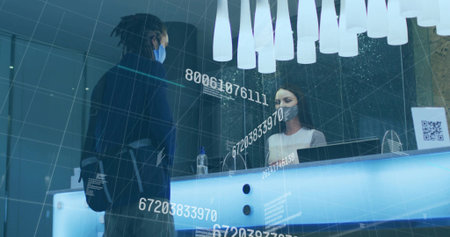 Talking masked man carrying backpack at front desk, with receptionist behind partition, copy space....