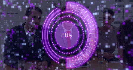 Examining data, panel wearing suits sitting at boardroom table with purple HUD overlay and tablet....