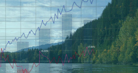 Overlaying financial chart over mountainous forest riverbank showing rising blue and red graphs. Nature, landscape, data visualization, technology, wilderness, analytics, outdoorの写真素材
