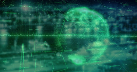 Rotating holographic globe amid wireframe grid interface, showing green points and numeric readouts. Digital, futuristic, technology, data visualization, interface, innovation, analyticsの写真素材