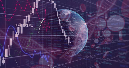 Displaying semi-transparent Earth globe over data grid, with candlestick charts and DNA helix....