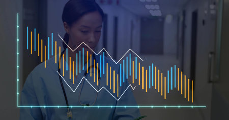 Walking nurse in blue scrubs reviewing chart in ward corridor, with stethoscope, digital overlay....