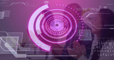 Clapping colleagues observing purple holographic interface in modern office, with laptops, pens. Collaboration, innovation, augmented reality, teamwork, technology, communication, digital interfaceの写真素材