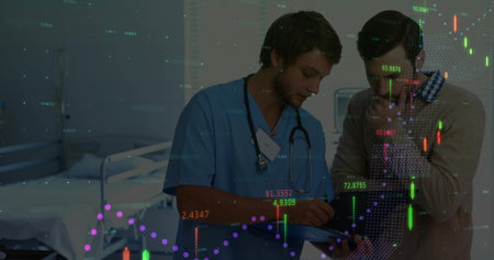 Doctor in scrubs reviewing clipboard with stethoscope and patient in clinic, stock charts. Healthcare, telemedicine, data analysis, medical technology, professional, clinical, digital interfaceの写真素材