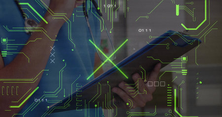 Scanning doctor in scrubs with stethoscope using tablet in clinic neon circuit overlay, binary code....