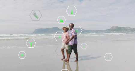 Walking couple holding hands barefoot on sandy shoreline wearing straw hat. Romanticism, connection, serenity, sustainability, outdoor, companionship, leisureの写真素材