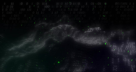 Forming central wave-like binary streams flowing virtual grid, with glowing green code specks....