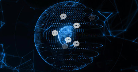 Displaying dotted globe spinning in network, with node lines, angular data links, chat bubbles. Technology, innovation, connectivity, cyberspace, digital, communication, futuristicの写真素材
