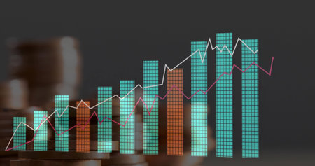 Displaying vertical bar chart overlaying white and magenta lines on desk, with blurred coin stacks....