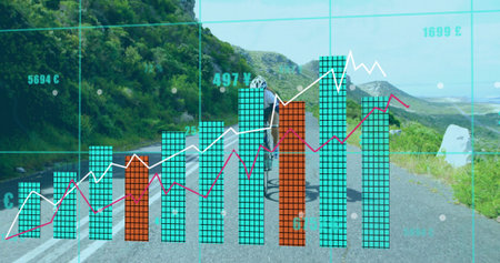 Riding female cyclist on mountain road with road bike, grid showing bar charts and line graphs. Adventure, outdoor, fitness, technology, data, wellness, activityの写真素材