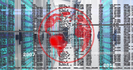 Red digital globe floating in data center corridor, showing server racks, code, dates 2007 and 2010....