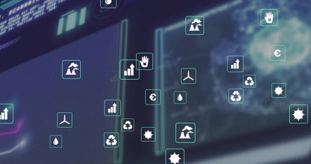 Floating transparent wind turbine, euro, volcano and hand icons drifting across data dashboard....