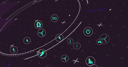 Floating cluster of green circular energy icons in virtual network space, showing renewable data. Futuristic, digital, vibrant, connectivity, innovation, sustainability, technologyの写真素材