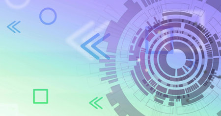 Displaying concentric circular HUD interface over digital UI with arrows and square, copy space. Futuristic, abstract, technology, interface, geometric, digital, modernの写真素材