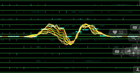 Displaying screen showing multicolored waveform at analytics UI with green grid and UI icons....