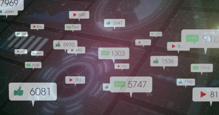 Displaying floating notification bubbles over grid interface, with HUD graphics, circuit patterns....