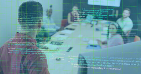 Teenage girl in red sweater engaging in discussion in meeting room, with code display, copy space....