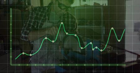 Smoothing plank with hand plane, woodworker wearing apron in woodshop with green grid graph overlay. Craftsman, woodworking, carpentry, handmade, artisanal, industrial, craftsmanshipの写真素材