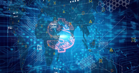 Glowing neon brain icon pulsing over digital interface with world map silhouette and circuit lines. Futuristic, cyber, technology, innovation, connectivity, analytics, abstractの写真素材
