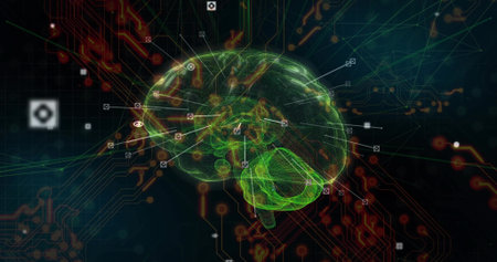 Hovering brain hologram glowing against navy cyberspace backdrop, with circuit lines and data nodes....