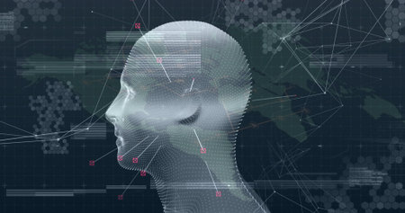Displaying 3D dotted mesh head in data interface, with network nodes and connecting lines....