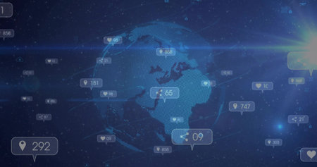 Displaying central 3D dotted globe in virtual network dashboard, showing social media icon bubbles....