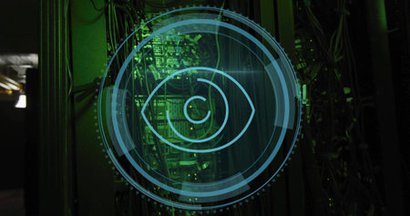 Displaying digital eye monitoring server rack boards and cables in server room, blinking green LEDs. Technology, cybersecurity, data infrastructure, futuristic, network, surveillance, digitalの写真素材