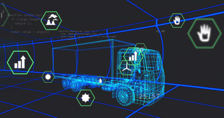 Rendering semi-trailer truck wireframe in grid space, featuring hexagon icons and overlaid code. Futuristic, digital, technology, logistics, simulation, transportation, data visualizationの写真素材