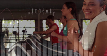 Running woman in gym top with towel, wireless earphones on treadmill by large windows, copy space....