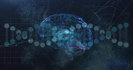 Displaying glowing brain hologram hovering in scientific interface, with DNA helix graphic....