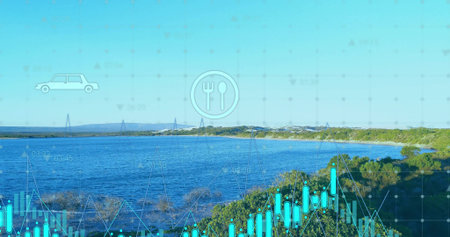 Showing coastal bay with shoreline shrubs overlaying grid and charts with car, fork-and-knife icons....