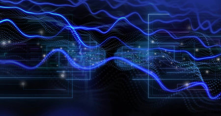 Blue waveforms flowing in digital interface, with dotted data points, grid and glowing particles....