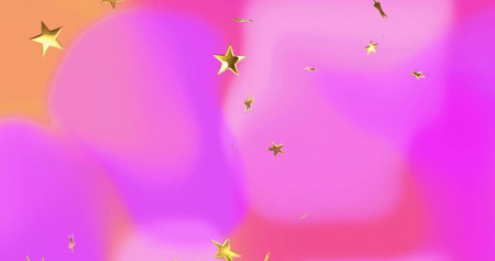 Floating metallic gold stars shimmering across abstract pink peach gradient, decorative composition. Luxury, glamour, festive, elegance, celebration, luminous, contemporaryの写真素材