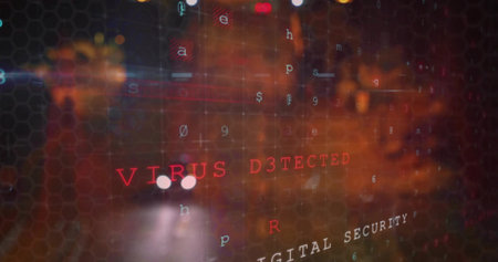 Displaying red alert overlaying car lights on night street, with hex grid and code. Cybersecurity, digital, futuristic, technology, urban, alert, dataの写真素材