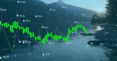 Overlaying translucent data on rocky lake shore at dawn, with green bars purple and yellow lines....