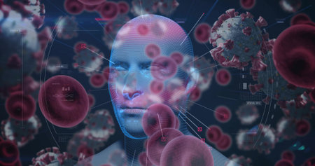 Floating mesh head displaying grid lines in virtual lab, with red blood cells and virus particles. Biomedical, digital, futuristic, visualization, health, science, technologyの写真素材
