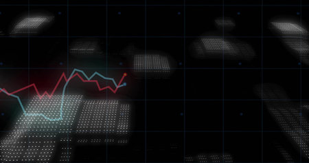 Rendering red and cyan line graph tracing fluctuations on neon-blue grid and platforms, copy space. Futuristic, digital, data-visualization, technology, abstract, interface, analyticsの写真素材