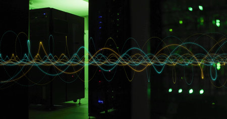Running server rack emitting blinking LEDs in data center room, with digital waveform overlay....